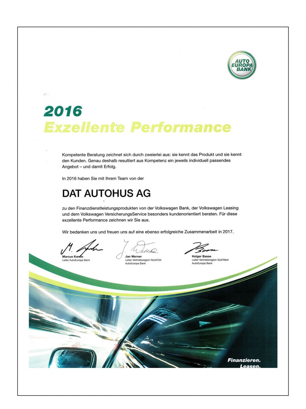 Auszeichnung 2016 Auto Europa Exzellente Performance