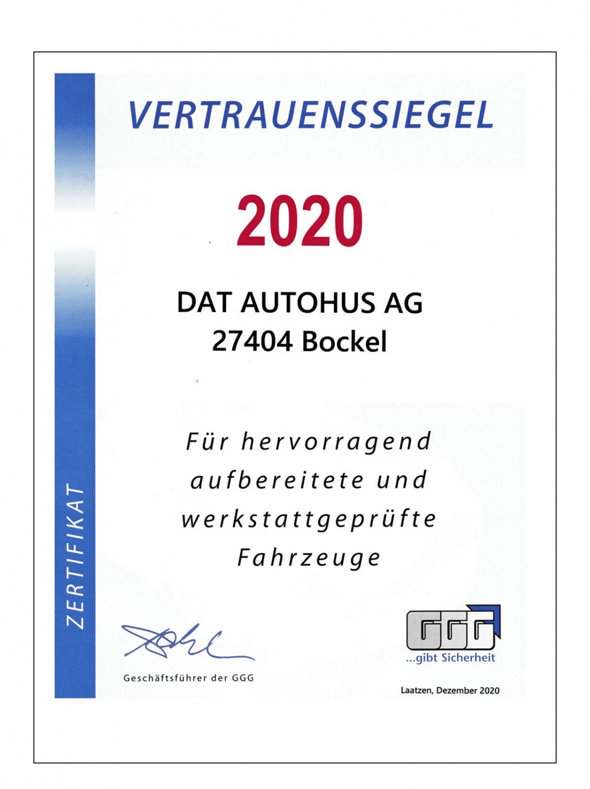 Auszeichnung Vertrauenssiegel 2020